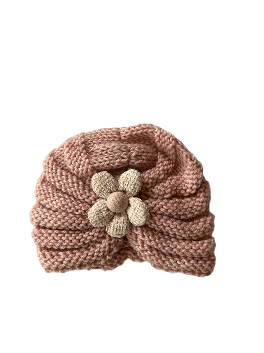 Gebreide bloem muts oud roze